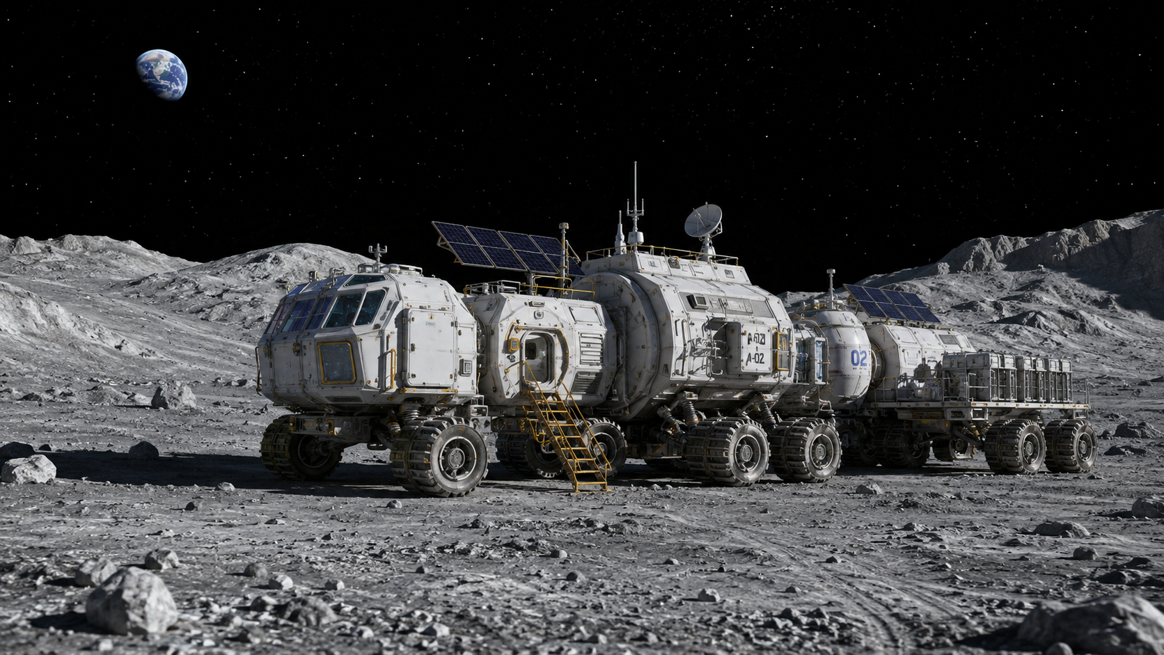 Base lunar móvil con paneles solares sobre la superficie de la Luna