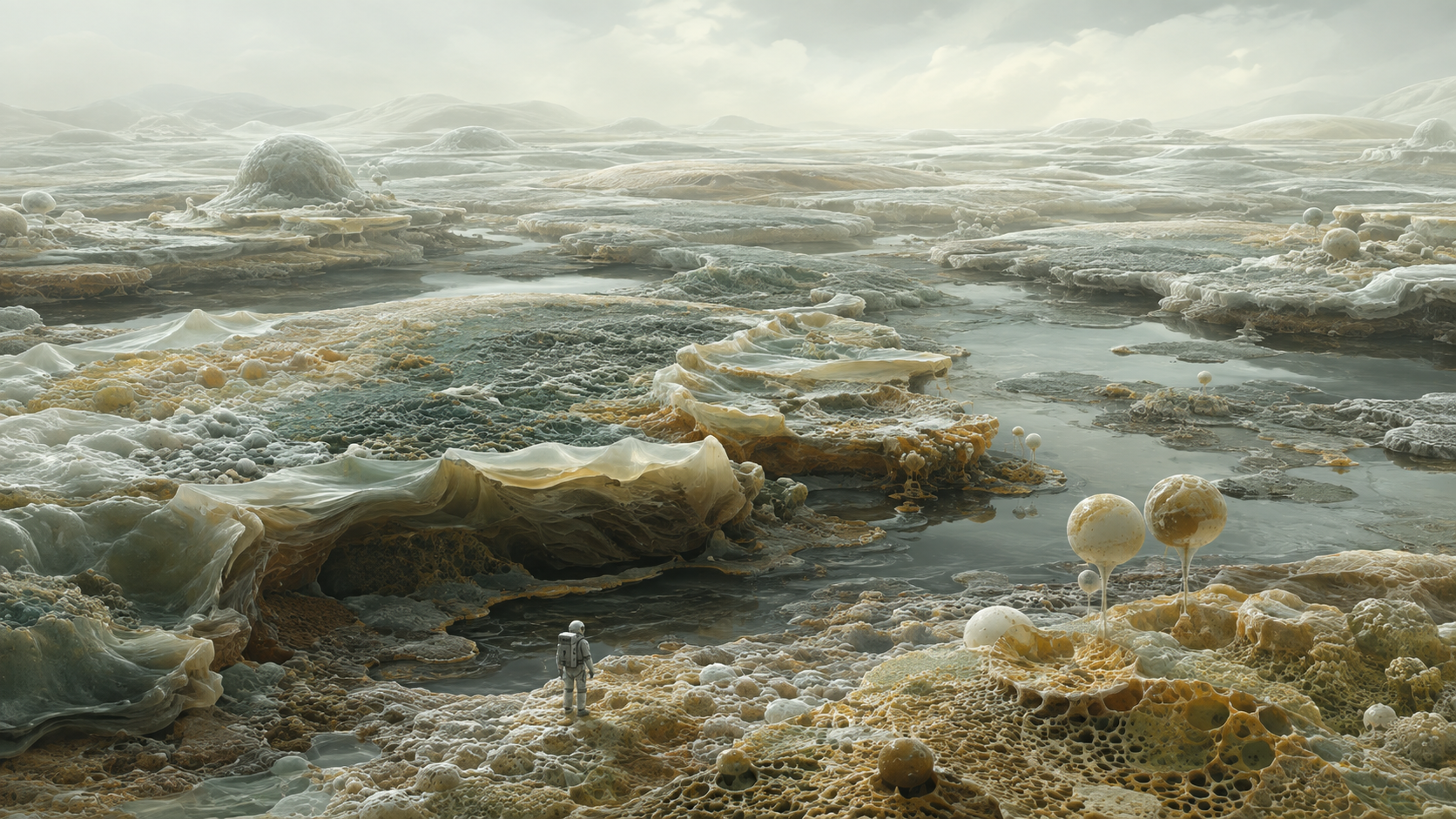 Una figura con traje de exploración observa un paisaje de colonias orgánicas, membranas y canales de agua.